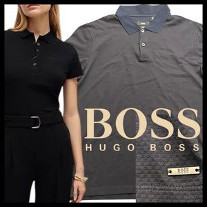 BOSS Hugo Boss Cotton Navy/Brown Print Slim Fit Short Sleeve Polo Shirt (L)